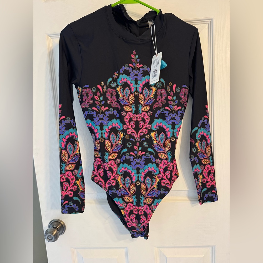 Johnny Was Black Long-Sleeve Swim Bodysuit with Vibrant Paisley Print